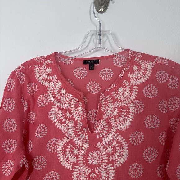 Talbots Womens SP Pink 3/4 Sleeve Cotton Printed Lightweight Semi Sheer Blouse - Picture 3 of 5